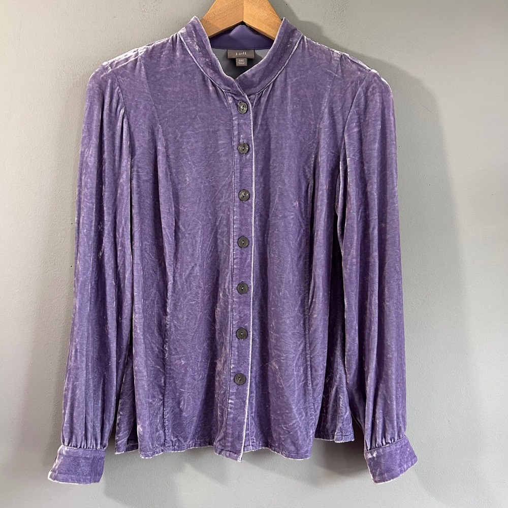 J. Jill Purple Silk Blend Velvet Button Down Peplum Blouse XSP Petite Mandarin
